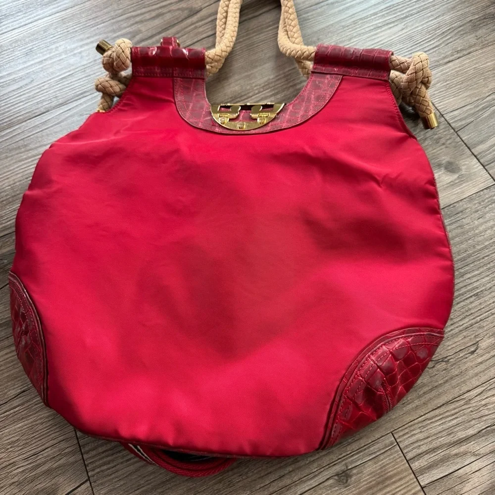 Tory Burch Red Nylon Croc Embossed Rope Handle Shoulder Hobo Bag